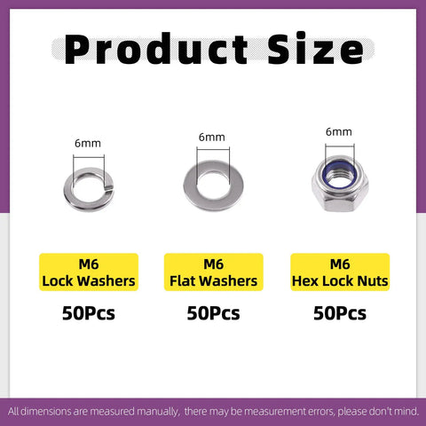 150 Pcs Metric 304 Stainless Steel M6 Hex Lock Nuts, Flat Washers, Split Lock Washers Kit sizes shown with labels