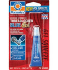 Front view of Blue Gel Thread Locker For Medium Strength Fasteners With New Squeeze Applicator, 5 Gram Tube packaging.