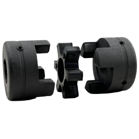 Five Eighths To Three Quarters L075 Flexible 3 Piece L Jaw Coupling Set With Rubber Spider For Log Wood Splitter And Multi Flex Couplings Includes Two Set Screws Per Half Durable Cast Iron HT250 Build, exploded view