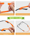 Steps to use Kids Silicone Glasses Straps Anti Slip Elastic Eyewear Retainers in orange. Instructions for attaching to glasses.