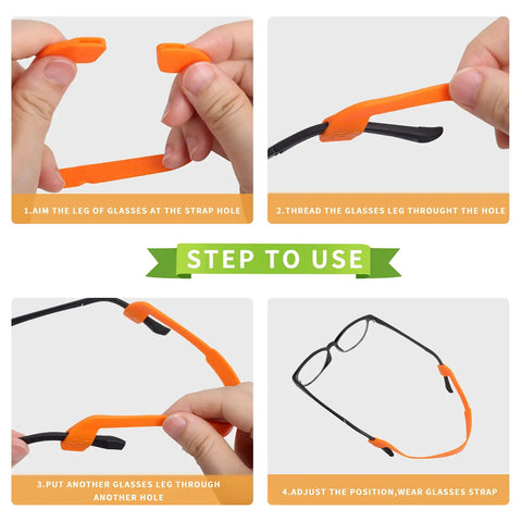 Steps to use Kids Silicone Glasses Straps Anti Slip Elastic Eyewear Retainers in orange. Instructions for attaching to glasses.
