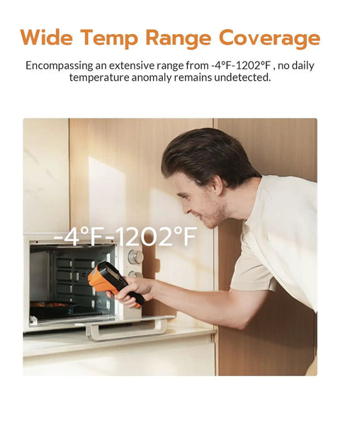 Person using Ultra Light Thermal Imaging Camera With Thermometer Mode For HVAC And Electrical Inspections Real Time Live Tracking Edge Enhanced Display Temperature Range Minus 4 Degrees Fahrenheit To 1022 Degrees Fahrenheit Fourteen Hour Runtime in a kitchen setting.