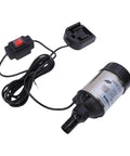 Badass Cordless Submersible Sump Pump With Brushless Motor And Rechargeable Battery Setup, compact design and connected power switch.