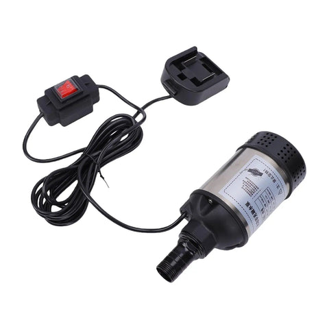 Badass Cordless Submersible Sump Pump With Brushless Motor And Rechargeable Battery Setup, compact design and connected power switch.