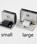 Premium Glass Hinge Set Four Piece Kitchen Bath Pivot Bracket Slick Chrome Finish showing small and large brackets.