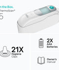 Digital Ear Thermometer With Easy Read Display For Kids And Adults, Fast Accurate Readings, Includes 2 AA Batteries, Protective Cap, And 21 Hygiene Caps For The Whole Family, Keeps Lens Clean For Reliable Temperature Readings. Box contents with thermometer, batteries, caps, and manual.