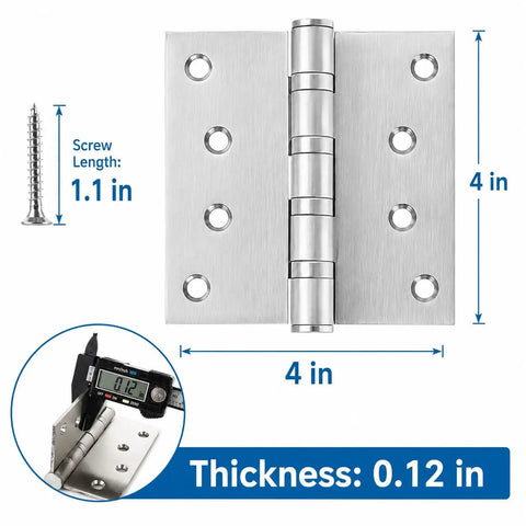 Eight Pack Heavy Duty Stainless Steel Door Hinges 4x4 Inches With Ball Bearing, 3mm Thick Brushed Nickel Finish, Includes 64 Screws