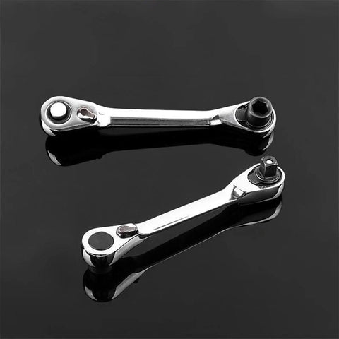 Compact Dual Head Ratchet Wrench With Reversible Bit Driver And Spanner For Tight Spaces displayed on black background.