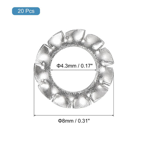 Badass M4 External Tooth Washers 304 Stainless Steel Locking Rings Premium Serrated Star Nut Fasteners showing size 8mm and 4.3mm dimensions.