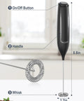Handheld Frother Battery Powered Foam Maker Wand With Stainless Steel Whisk for Coffee Lattes, dimensions shown.