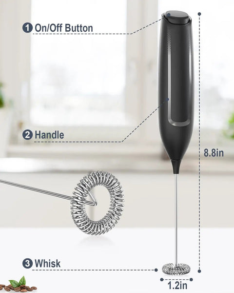 Handheld Frother Battery Powered Foam Maker Wand With Stainless Steel Whisk for Coffee Lattes, dimensions shown.