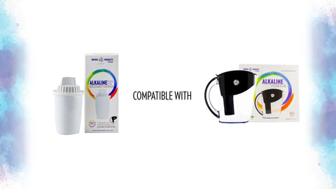 Alkaline Water Pitcher Replacement Cartridges Three Pack 80 Gallon Life Per Cartridge shown with compatible water pitcher