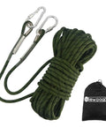 Rugged 10 Millimeter Climbing Rope With Two Steel Hooks For Outdoor Rescue And Rappelling, Ultra Strong Polyester Cord, Army Green