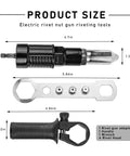 Electric Rivet Nut Gun Kit With Cordless Drill Attachment, adapter, handle, wrench, and rivet heads with measurements