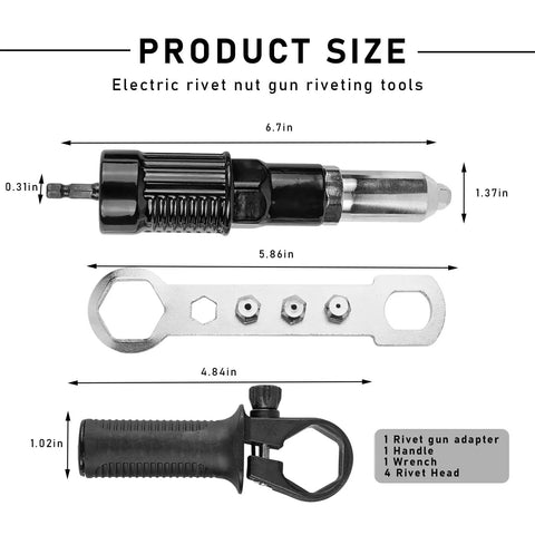 Electric Rivet Nut Gun Kit With Cordless Drill Attachment, adapter, handle, wrench, and rivet heads with measurements