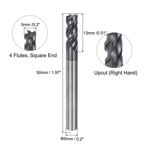 2 Pack 5mm Square Nose End Mills With 4 Flutes HRC45 Carbide AlTiN Coated Router Bits For End Milling And CNC Machining