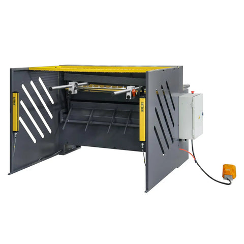 Tough As Nails Electric Metal Shear 49 Inch Cutting Width Snappily Cuts 11 Ga Plate Perfect For Hvac Fabrication And Shop Repair Shop Ready Industrial Tool on a shop floor.