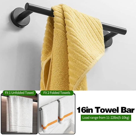 Ten Piece Bathroom Hardware Kit With 16 Inch Towel Bars, Toilet Paper Holders, Towel Rings, And Robe Hooks Includes Screws Anchors And Allen Wrench For Quick Easy Hidden Screw Installation, showing black matte towel bar with yellow towel