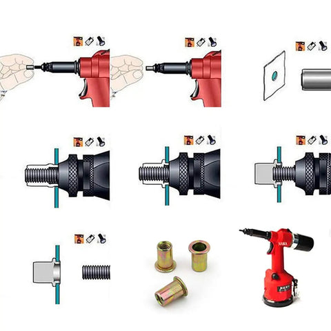 Illustration showing 100 Pc 1/4'-20 Unc Rivet Nuts Carbon Steel Zinc Plated Flat Head Knurled Body Threaded Inserts usage steps.