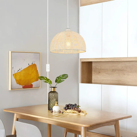 Plug In Pendant Light With 16ft Rattan Boho Woven Hanging Cord For Dining Room Living Room Kitchen Bedroom Arc Design Cream Finish Easy Install Chill Vibe Ambient Glow over a dining table.