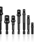 Eight Piece Drill Socket Adapter Set For Impact Tools Universal Quarter Inch, Three Eighths Inch And Half Inch Hex Shank Adapters