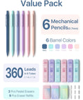 Six Cute Mechanical Pencils Set With 0.7mm Lead, 360 Leads And 12 Erasers, Assorted Colors, Ergonomic Triangular Grip, Storage Case