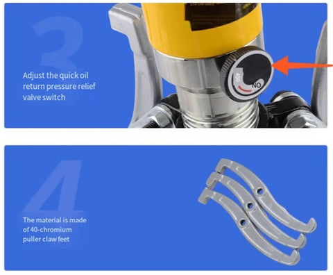 Heavy Duty 5 And 15 Ton Hydraulic Gear Puller Adjustable Jaw Wheel Bearing Separator Kit For Mechanics showing valve switch and claw feet material.