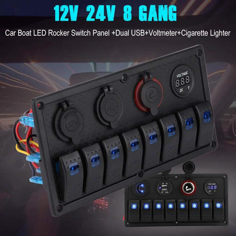 8 Gang Marine Switch Panel For Cars Boats And RVs 12V 24V LED Switch Panel With Dual USB Ports Voltmeter And Cigarette Lighter