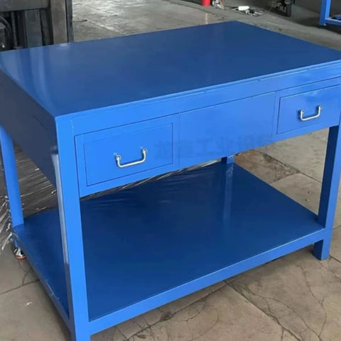 Industrial Heavy Duty Fitters Workbench With An Eight Mil Thick Solid A3 Steel Tabletop Built Like A Tank For Stubborn Mold Assembly And Serious Shop Grind, blue metal workbench with drawers.