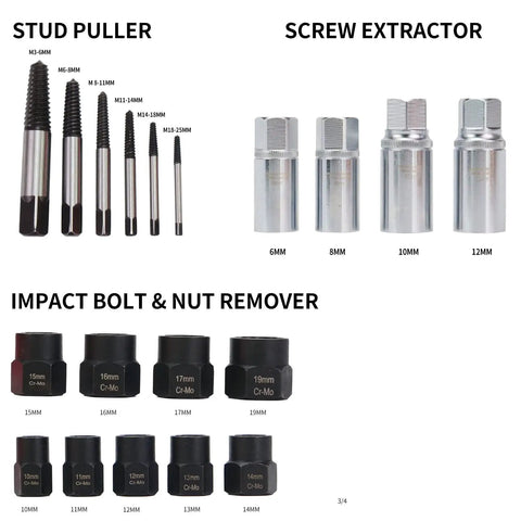 26 Piece Impact Bolt And Nut Remover Kit With Spiral Screw Extractor And 3 8 Drive Drill Bit tool sizes layout