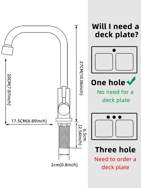 Top Tier Cold Only Kitchen Sink Faucet Single Hole Install Sus 304 Stainless Steel With Brushed Nickel Finish dimensions and deck plate info.