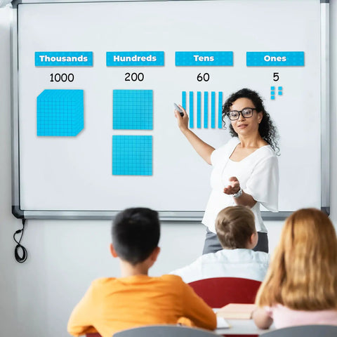 Teacher using 131 And 4 Piece Jumbo Blue Magnetic Base Ten Blocks Set With Headings For Math on whiteboard in classroom