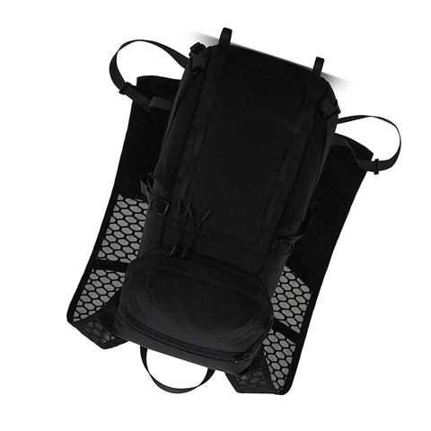 Black hands free hydration backpack with 2L water bladder, ultralight nylon, front view showing mesh backing and secure fit.