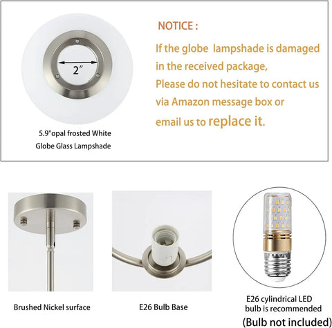 5.9" frosted white globe, brushed nickel, E26 bulb base components for Matte Black 5 Light Pendant Chandelier, Modern Linear Ceiling Light Fixture With Cylinder Frosted Glass Shades, Ideal For Kitchen Island And Dining Room, Farmhouse Styled Illumination For A Sleek, Everyday Dope Look