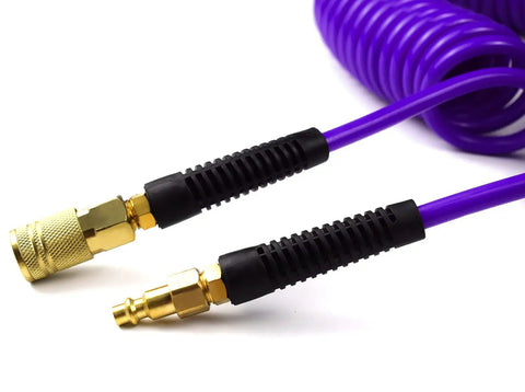 Close-up of Purple Polyurethane Recoil Air Hose For Air Compressors One Quarter Inch Inner Diameter By Twenty Five Feet Bend Restrictor