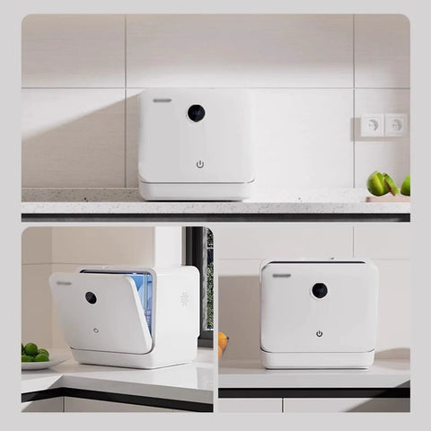 Skip The Sink Blues With This Plug And Play Countertop Dishwasher Featuring Heavy Duty High Temp Cycle triple wash filters in kitchen.