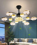 39 Inch Led Ceiling Fan With Light Remote, Smooth Operator Low Profile Flush Mount, modern design with 8 light shades in a living room.