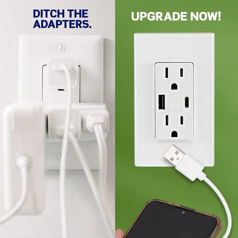 In Wall USB Charger With Type A And Type C Ports, 15A Tamper Resistant Outlet, Smart Charging Chip Optimizes Power For Phones And Tablets, 5.1A Total, 25 Watts, White installed with USB cable connected