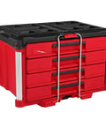 Red Beefed Up 4 Drawer Modular Tool Box with impact resistant body, metal reinforced corners, and ball bearing drawers.