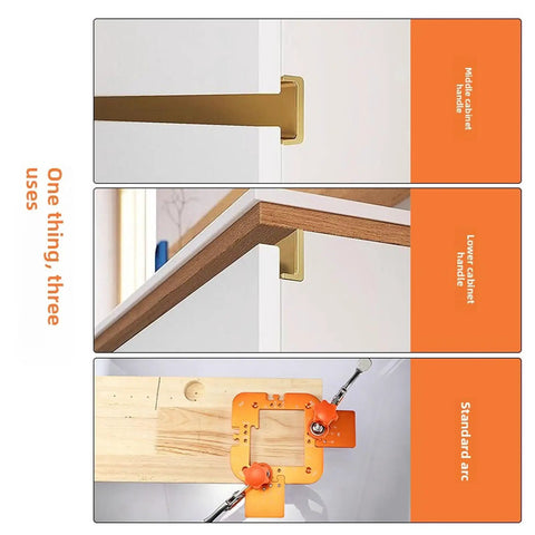 Rock Solid Aluminum Router Corner Radius Template With Bolt Down Fixing Clamp For Dead On Precise Woodworking Cut Lines R20 R25 R30 R35 showing three cabinet handle designs and routing template details.