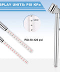 Two pencil-style tire pressure gauges with white bodies and red scales, 10–120 psi, dual-head automotive air gauges