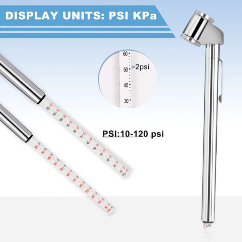 Two pencil-style tire pressure gauges with white bodies and red scales, 10–120 psi, dual-head automotive air gauges
