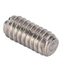 Close-up of a stainless steel grub screw from the 50 Pcs Set Screw Kit A270 Stainless Steel Grub Screws DIN 916 For Mechanical Fastening In Automotive Repair Furniture Making And Industrial Projects M2x4 Heavy Duty Pro Grade Durable Threads.