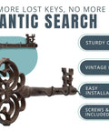 Brown Cast Iron Skeleton Key Wall Hook With Three Heavy Duty Coat Holders For Classic Farmhouse Vibes And Simple Down Home Entryway Organization Built Rock Solid For Everyday Hanging, detailed vintage design.