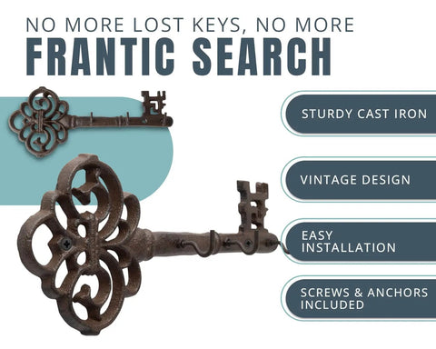 Brown Cast Iron Skeleton Key Wall Hook With Three Heavy Duty Coat Holders For Classic Farmhouse Vibes And Simple Down Home Entryway Organization Built Rock Solid For Everyday Hanging, detailed vintage design.