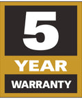 Five-year warranty badge in gold and black with white text.