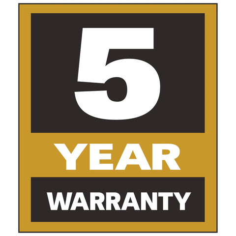 Five-year warranty badge in gold and black with white text.