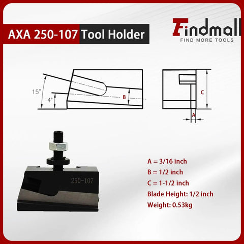 AXA 250-107 tool holder with dimensions, 3/16 inch A, 1/2 inch B, 1-1/2 inch C, for CNC lathe quick change system, 0.53kg weight.