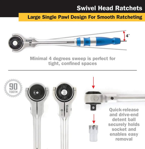 5-Piece Aluminum Ratchet Set With 90-Tooth Swivel Head And Flat Head Drives showing close-up of swivel head and minimal sweep angle