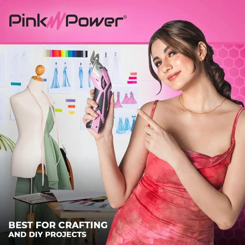 Cordless Electric Scissors For Crafts And Sewing Heavy Duty Fabric Cutter And Cardboard Box Cutter Rotary Shears For Scrapbooking And Carpet Projects Automatic Cutting Tool With Battery And Charger, woman holding pink cutter in sewing studio